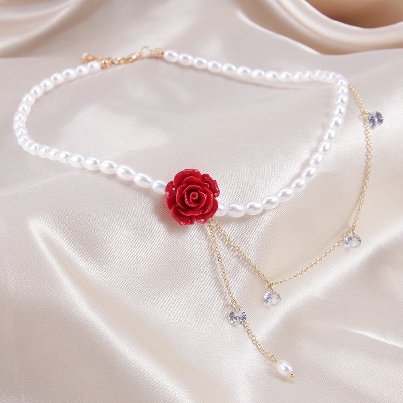 Kalung Rantai Dengan Liontin Bunga Mawar Merah + Mutiara + Berlian Imitasi Untuk Wanita