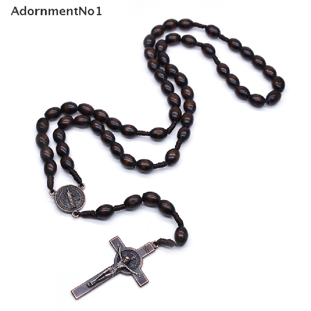 (AdornmentNo1) Kalung Rosario Katolik Manik Kayu Liontin Salib Yesus Gaya Vintage