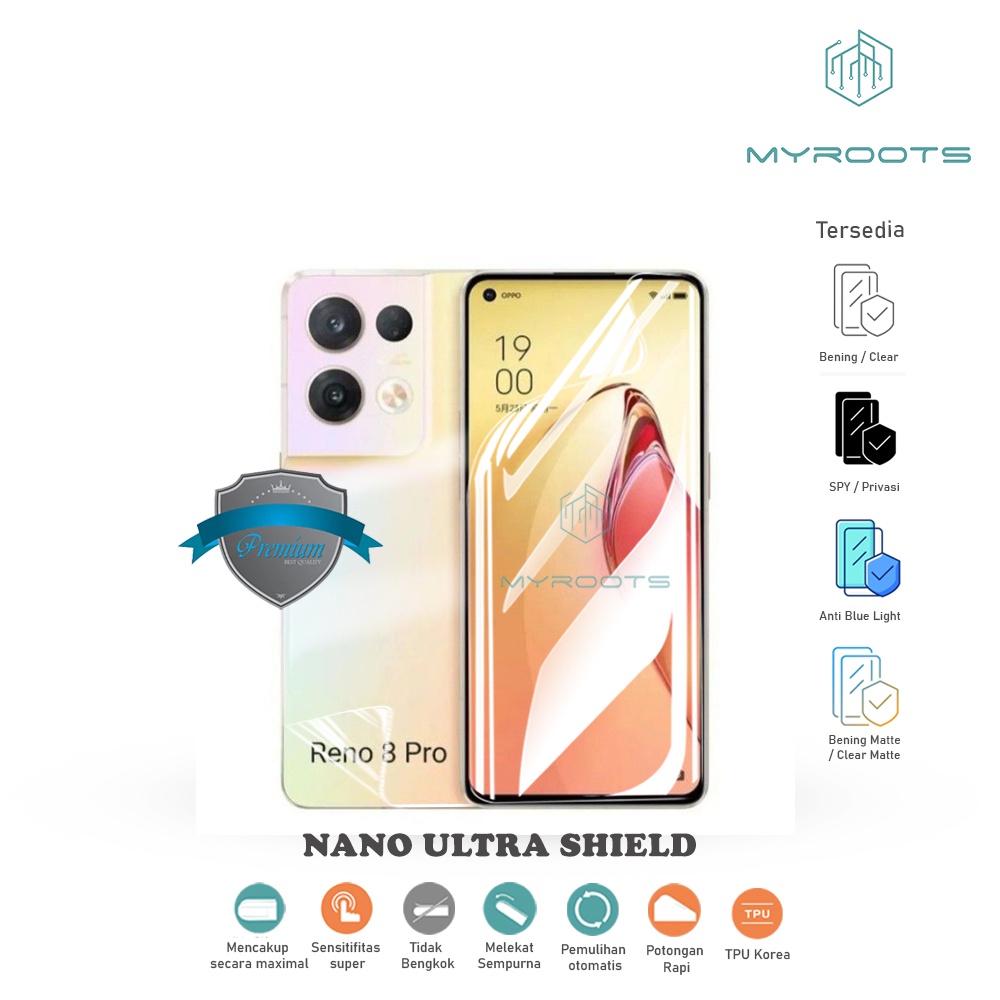 Anti Gores Jelly Hydrogel Oppo Reno 8 Pro+ Plus 8 Pro 8z 8 4G 5G Nano Ultra Shield Myroots Anti Spy - Glare Matte - Blue Ray