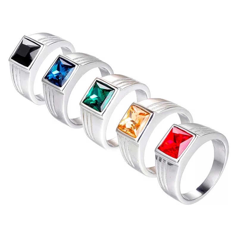 Cincin Batu Red Ruby Blue Safir Yellow Yakut Green Zamrud Cubic Zirconia Ring Real Titanium Steel