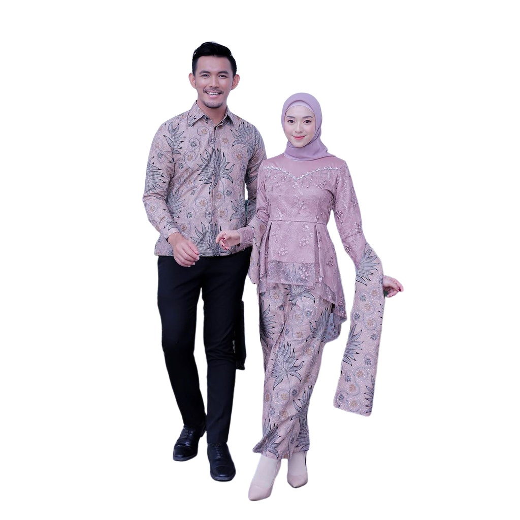 GRIYA BATIK COUPLE - Batik Couple Modern Kebaya Couple Sava Brukat Tulle Mutiara Payet Premium Lengan Panjang Free Selendang