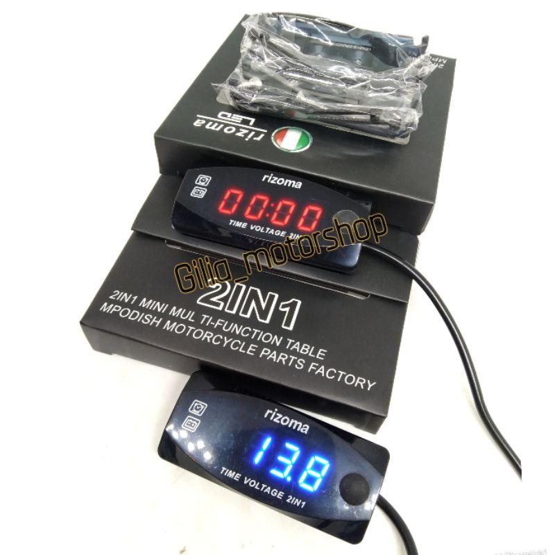 VoltMeter AKi Digital 2 IN 1 Rizoma Waterproof Volt Meter Digital  2 IN 1 Jam / VoltMeter Aki Rizoma