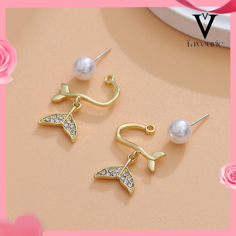 [COD]Pearl Fishtail Back Hanging Earrings Wanita High-end Cahaya Mewah Penuh Berlian Anting Geometris-FA