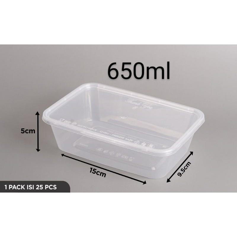 kotak tutup bening wadah plastik BOX THINWALL nasi salad persegi panjang 650ml isi 25set