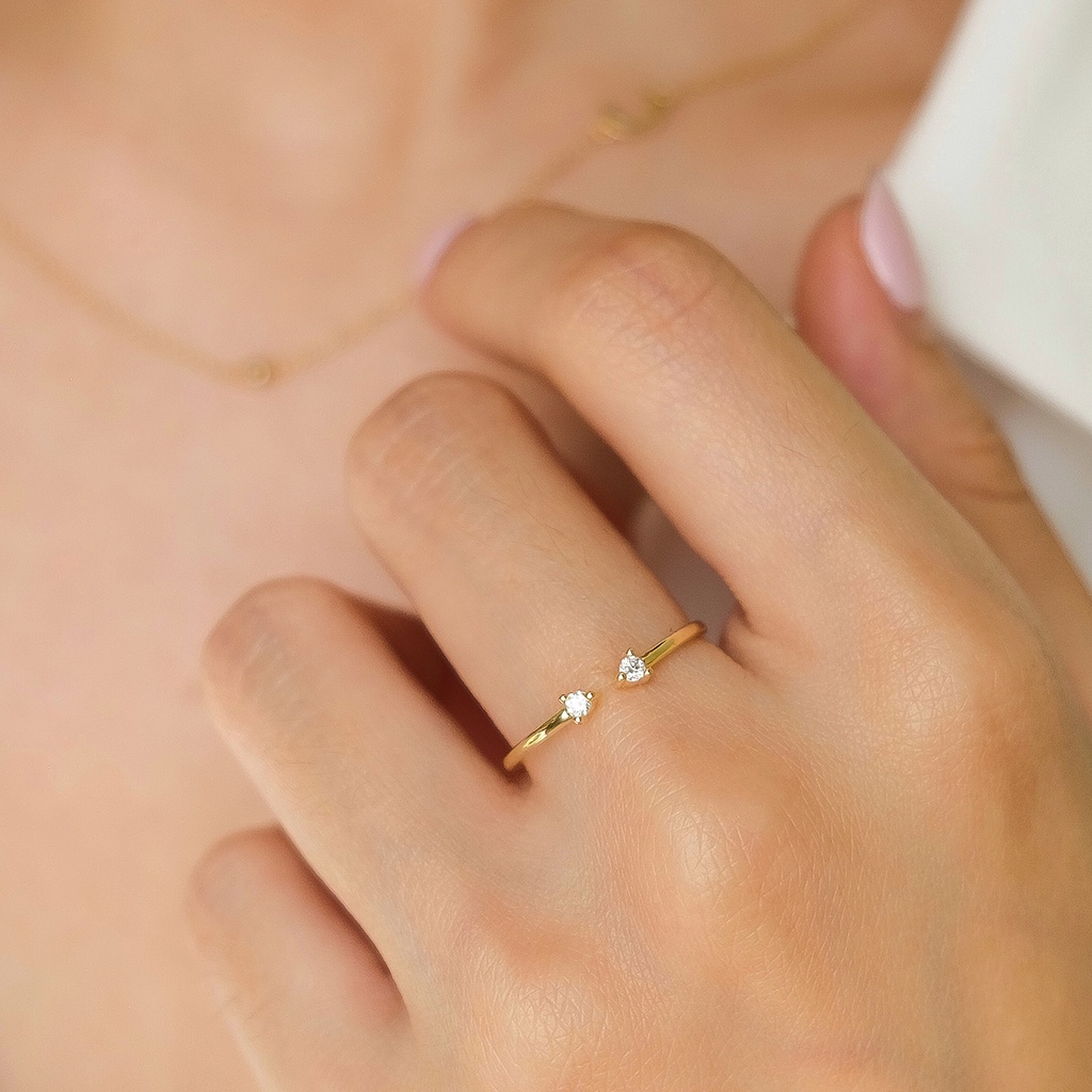 Open Solitaire Dainty Ring — 18K Gold Plated S925 Sterling Silver Cincin Anti Karat