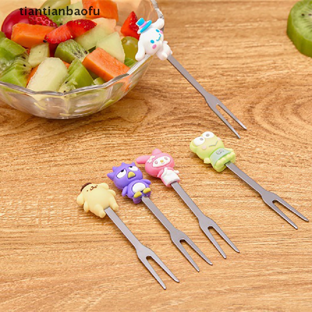 5pcs / Set Garpu Buah Dessert Bahan Stainless Steel Desain Kartun Dengan Holder