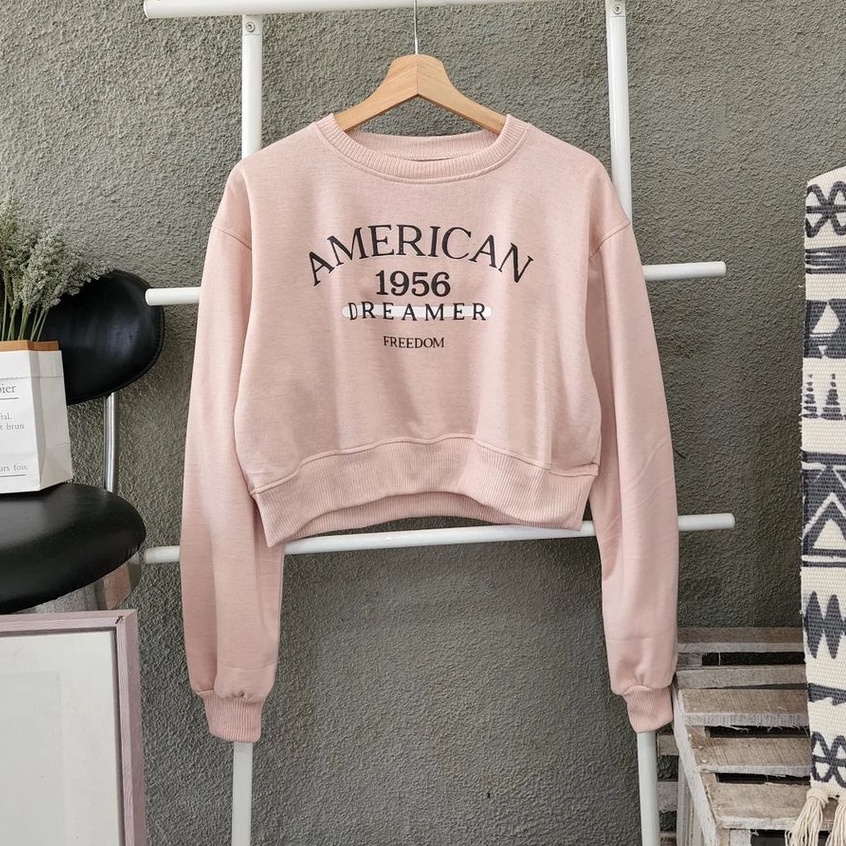 Sweater Semi Crop Wanita American Croope Bahan Pleece Ala korean Style