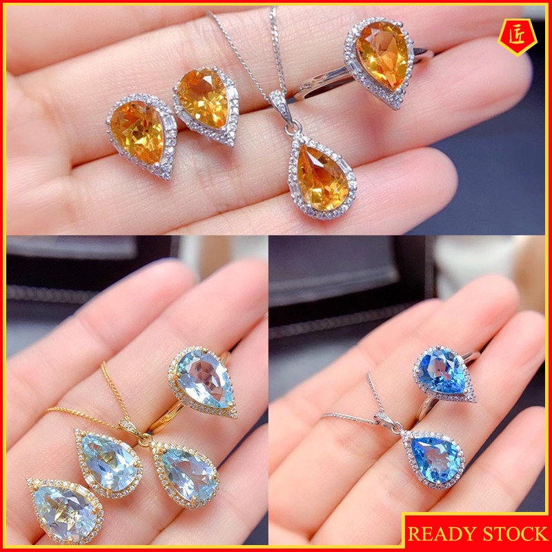 [Ready Stock]Natural Blue Topaz Necklace Set Rings Ear Studies