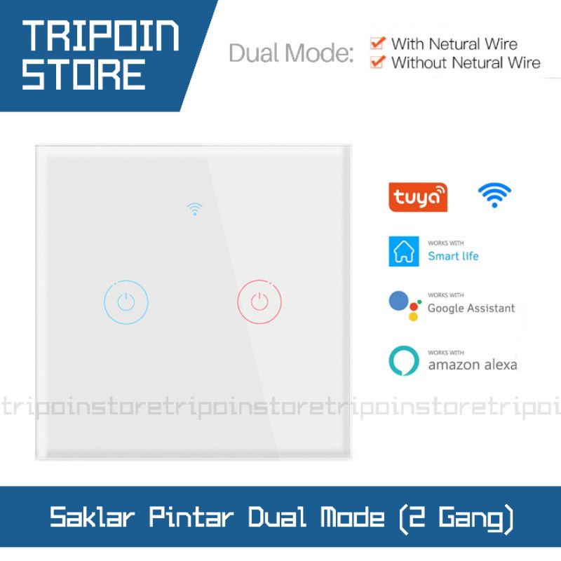 Smatrul WIFI Touch Smart Wall Switch Dual Mode - Saklar Pintar Tuya 2 Gang - No Neutral + with Neutral