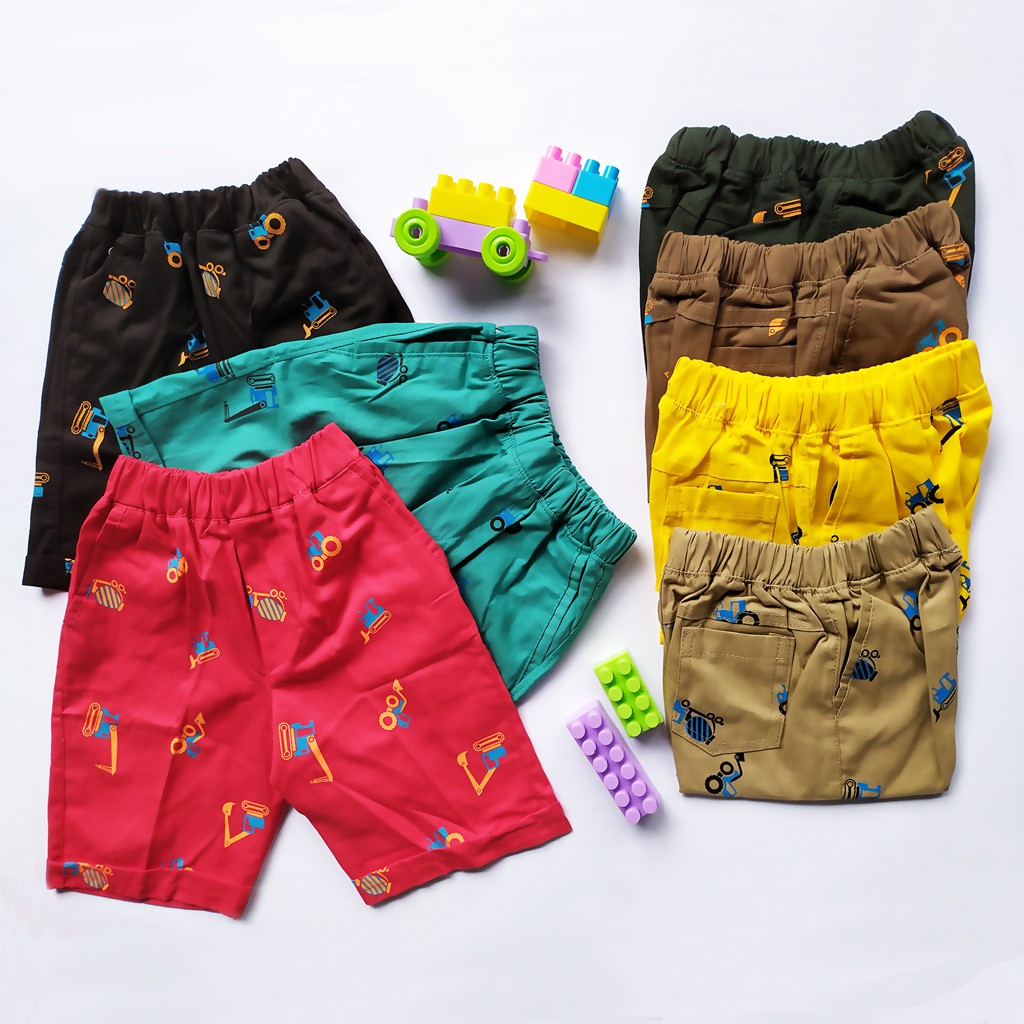 CELANA PENDEK ANAK LAKI LAKI MOTIF BEKO CELPEN BULLDOZER MOBIL BEGO FULL PRINT COWOK UMUR 1-4 TAHUN