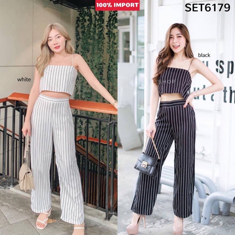 Setelan Tanktop Crop Top dengan Celana Kulot Panjang Motif Garis Salur - ready hitam dan putih