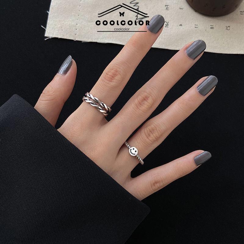 COD❤️2 PCS/SET Retro Smiley Cincin Wanita Fashion Kepribadian Pembukaan Cincin Dapat Disesuaikan- cl