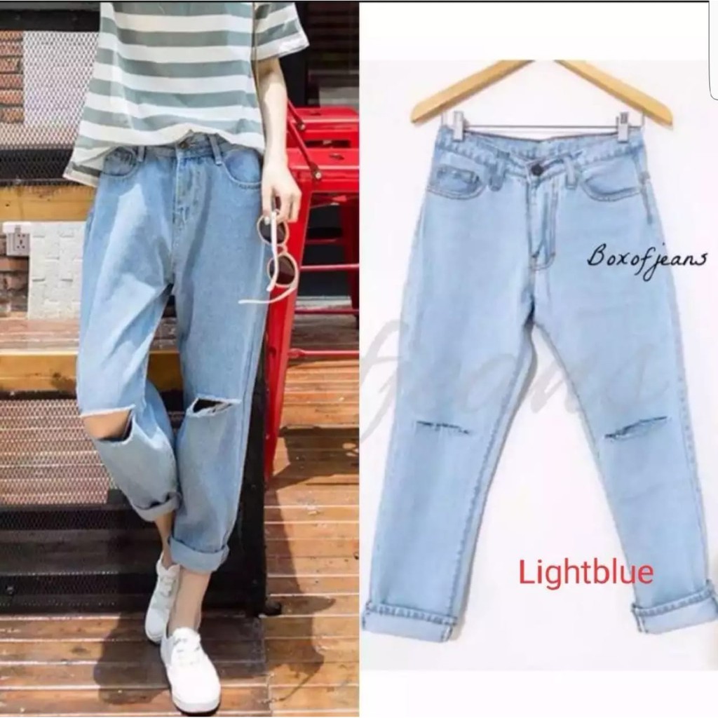 CELANA JEANS WANITA BOYFRIEND SOBEK LUTUT LIGHT BLUE