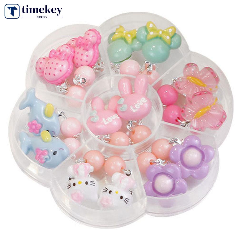 Timekey 7 Pasang / set Anting Klip Telinga Anak Perempuan Desain Hewan / Bunga / Mickey / Hello Kitty A2K2