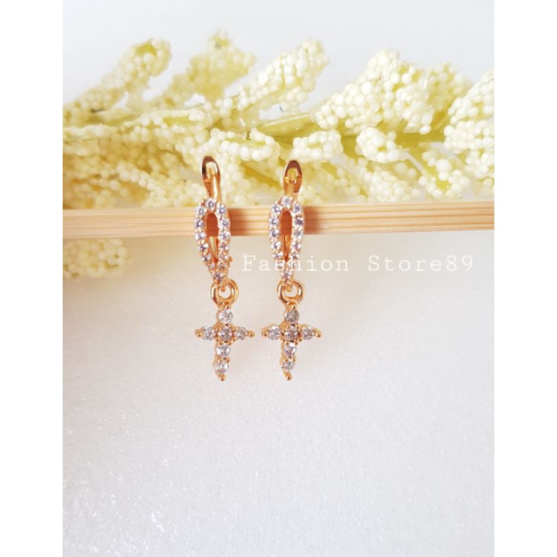 Ready Anting Jurai Tusuk Fashion Salib Full permata bestseller bestquality perhiasan lapis emas 18K