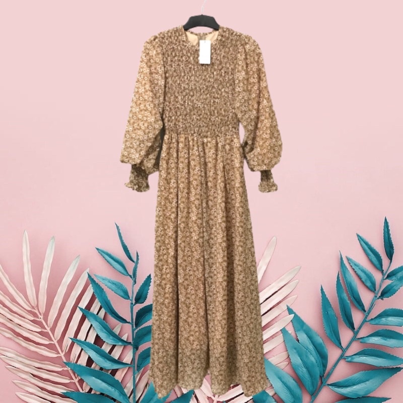 [READY STOCK] DRESS GAMIS SMOCK BUNGA BUNGA CERUTY BABYDOLL FULL FURING TANGAN BALON TERBARU BY COCO