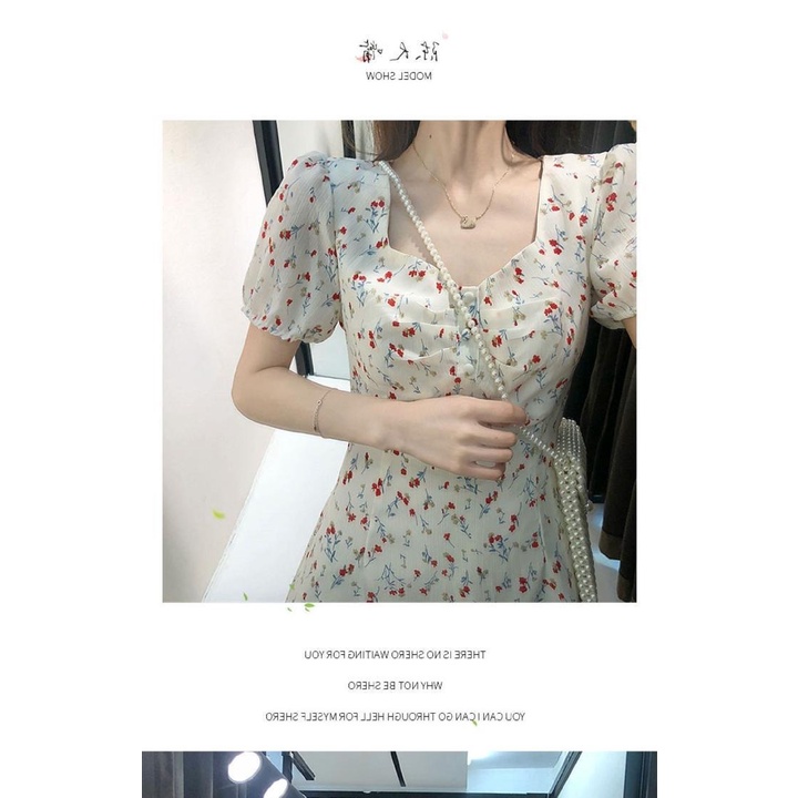 #Sisjuly# Wanita Baru Floral Temperamen French Dress Retro Peri Rok Square Neck Tipis Mid-Length Dre