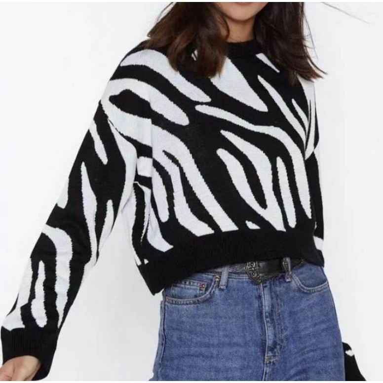 RH - SWEATER BAJU RAJUT CROPTOP CREW NECK MOTIF ZEBRA TEBAL HALUS ORIGINAL