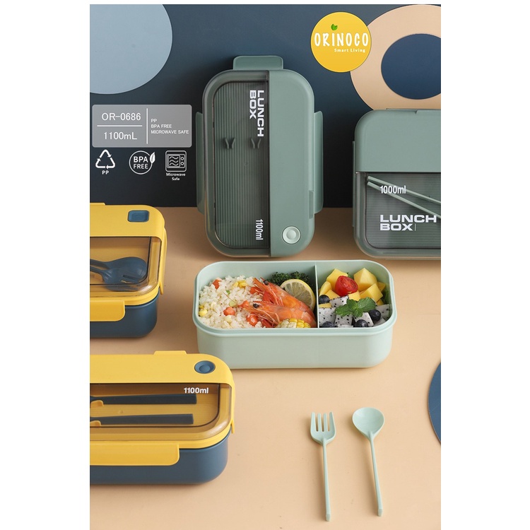 Tempat Makan Orinoco Lunchbox Terbaru 2 Sekat Anti Bocor Ukuran 1100 ML Lengkap Sendok Garpu Solid M