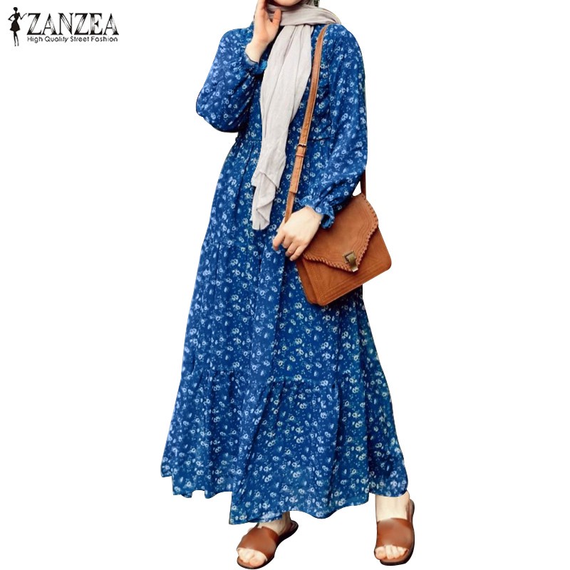 ZANZEA Women Casual Puff Sleeve Ruffled Hem O-neck Muslim Long Dress