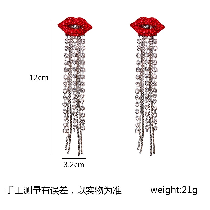 Anting Rantai Panjang Desain Bibir Merah Aksen Berlian Imitasi Bahan 925 Silver