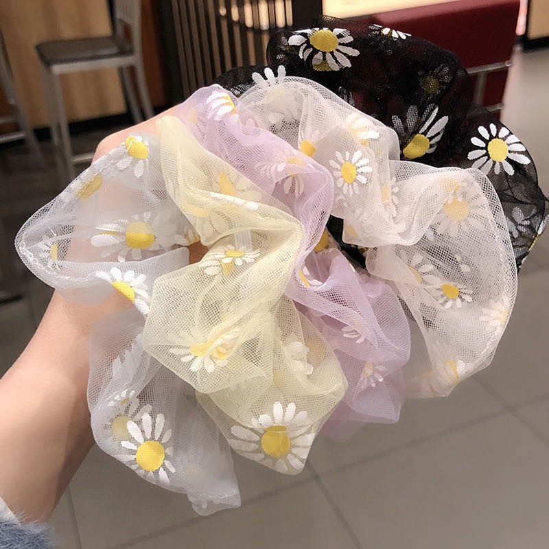 Ikat Rambut Elastis Aksen Bunga Daisy Bahan Mesh Gaya Korea Untuk Wanita/Scrunchie