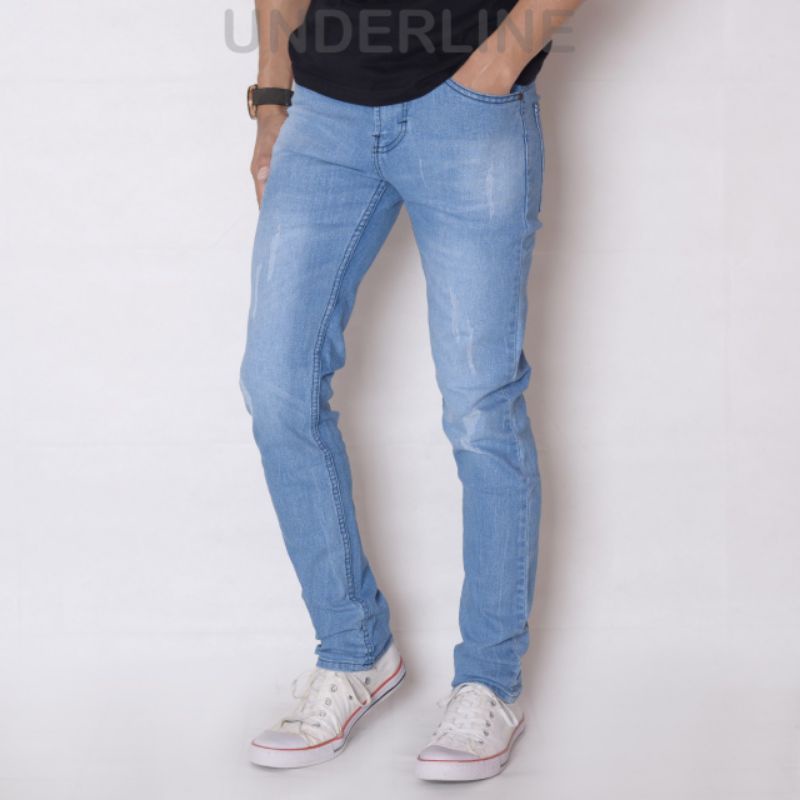 Celana jeans ripped laser daun pria premium , ripped jeans pria tidak tembus original Underline