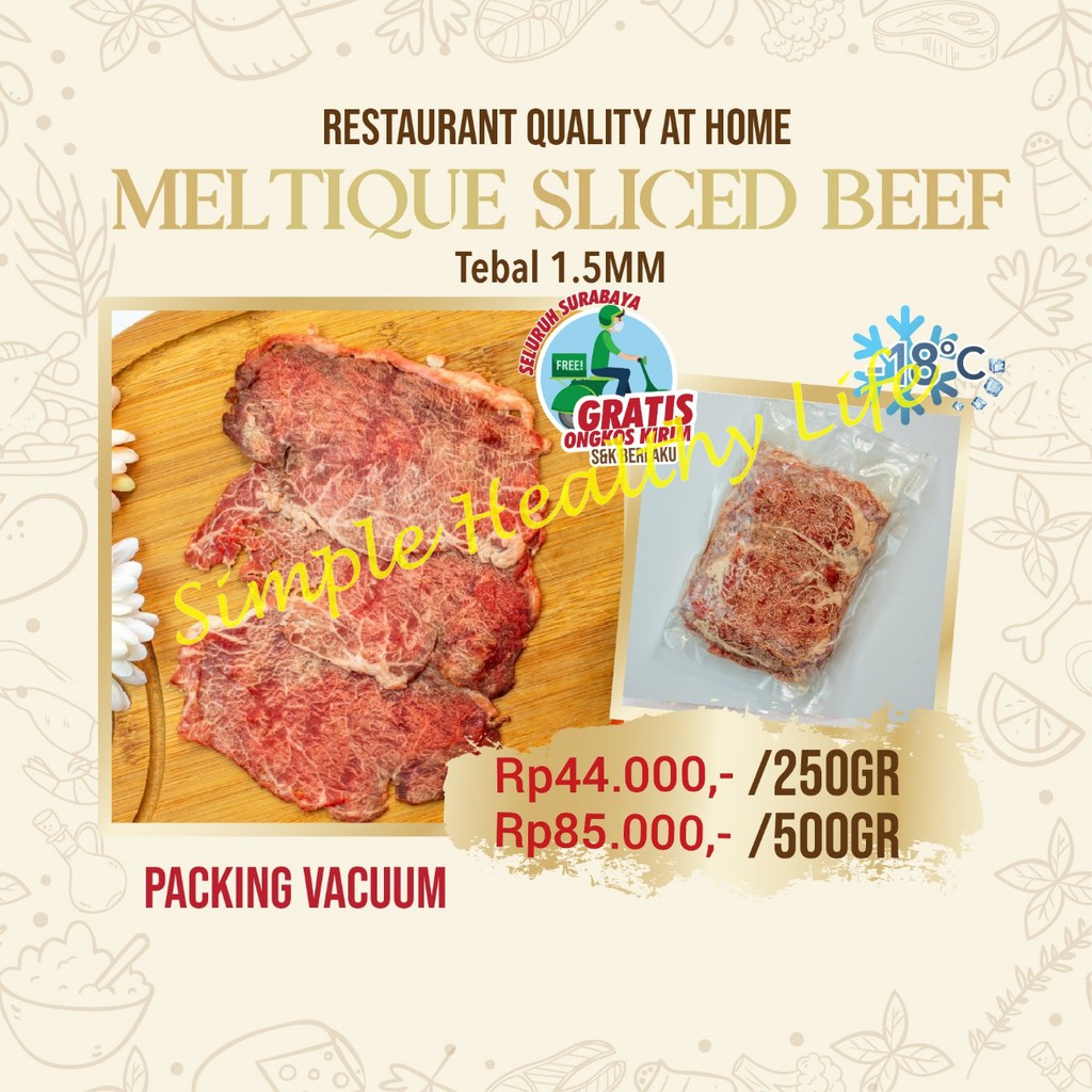 

Meltique Sliced Beef Tebal 1.5mm (Daging Sapi Slice Tipis untuk BBQ, Sukiyaki, Beef Bowl, Yakiniku)