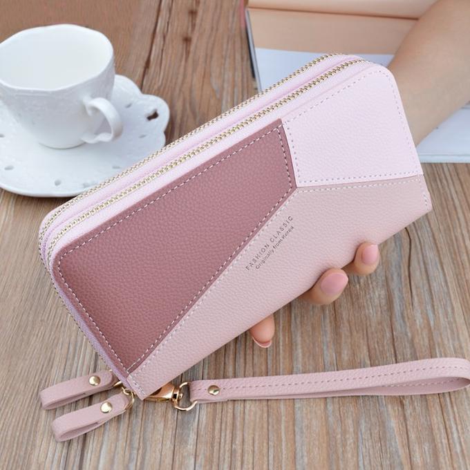DOMPET WANITA 2 RESLETING PREMIUM PINK KULIT PANJANG IMPORT WA121P3