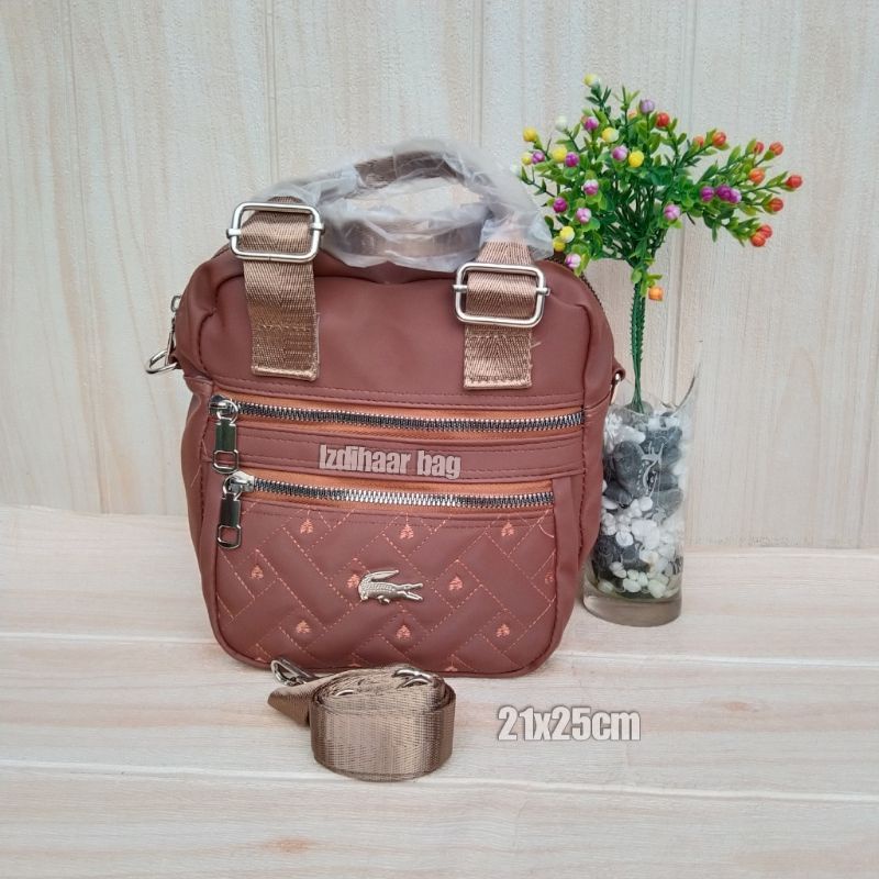 Tas slempang cibao 3ruangterbaru bahan motif bordir ukuran 21x25cm-Tan