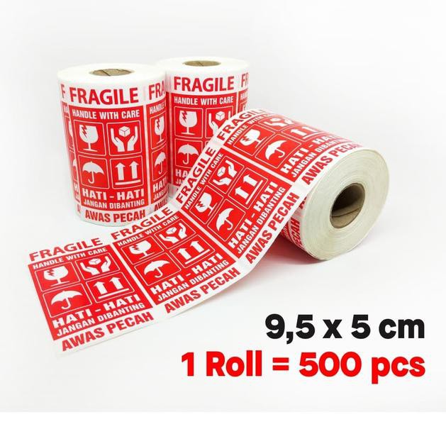 

bgs-21 Sticker Label Fragile Hati-Hati Awas Pecah 9,5x5 cm (1 roll/ 500 pcs) - Dasar Merah