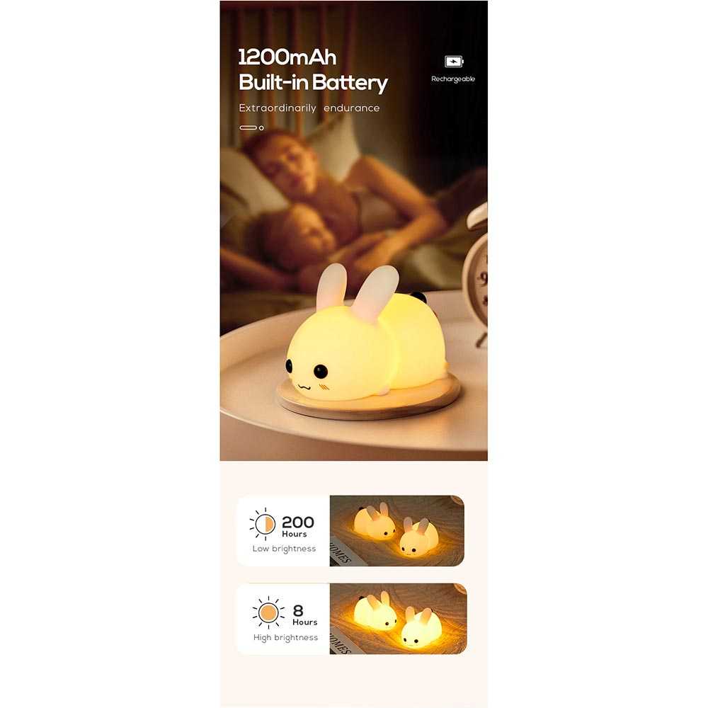 Lampu Tidur LED Sensor Sentuh Silikon Light Model Rabbit Warm White Baterai Isi Ulang Dekorasi Kamar Minimalis