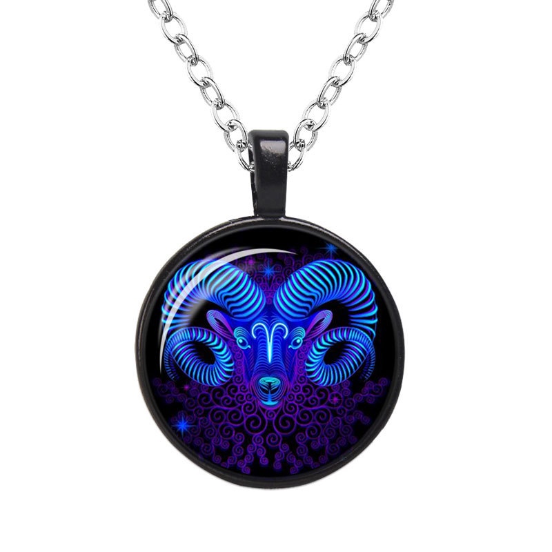 Kalung Rantai Dengan Liontin Kaca 12 Zodiak Untuk Unisex