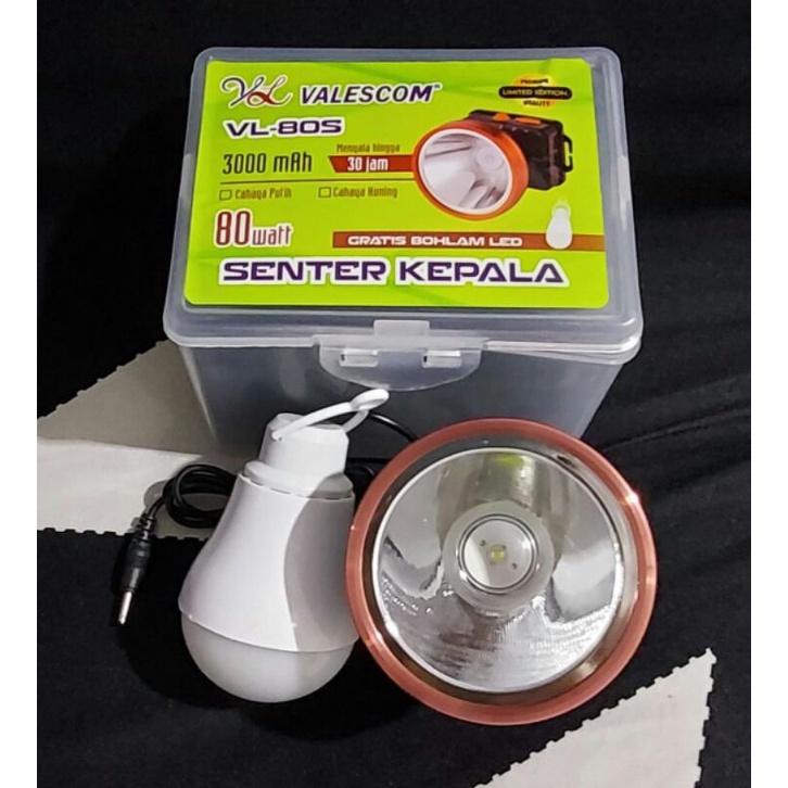 Senter Kepala 80 Watt Cahaya Putih/ KUNING valescom VL-80s BONUS BOHLAM 7 WAT