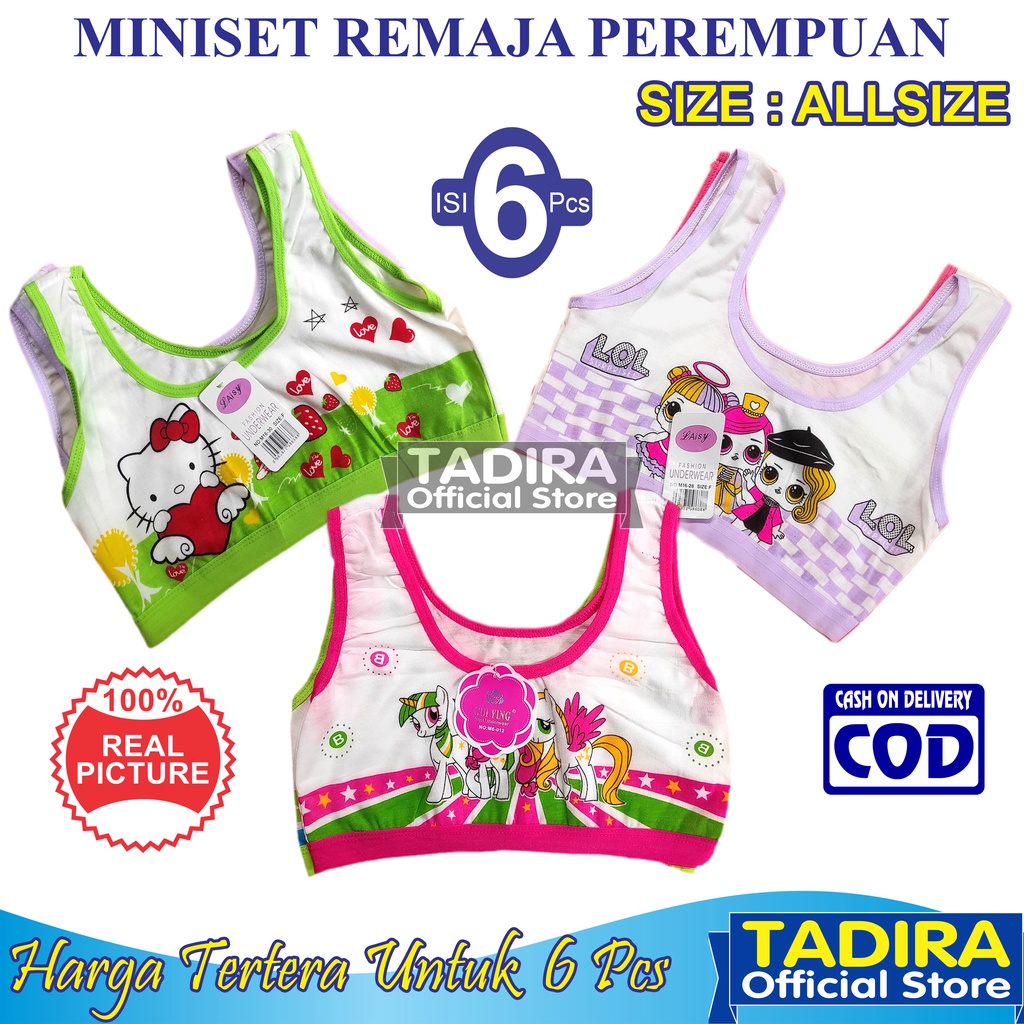 6 Pcs Miniset Katun Putih Anak Remaja Perempuan Motif Gambar Karakter SD SMP TADIRA