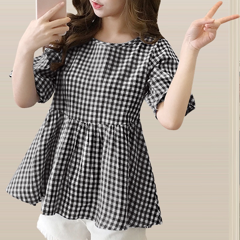 ZANZEA Women Summer Fashion Short Sleeve O-Neck Grid Printed Plus Size Loose Blouse