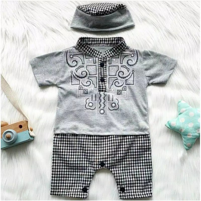MAFAZABABY Set Jumper Romper Koko Bayi Baju Muslim Anak Bayi Laki-laki Newborn Koko Aqiqah(0-6bulan)-Abizar (abu)