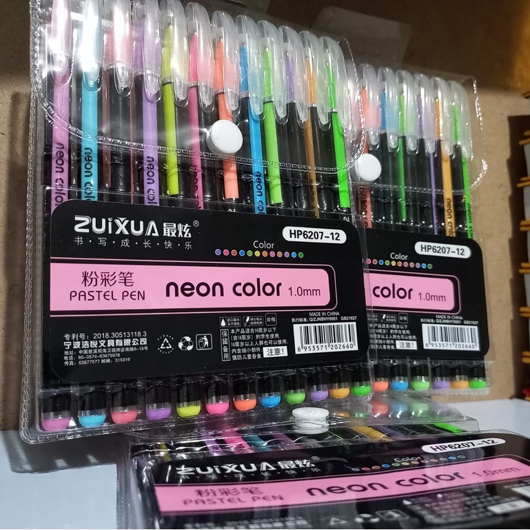 PULPEN GEL WARNA WARNI NEON COLOUR PASTEL GLITTER PEN ISI 12 WARNA PENA