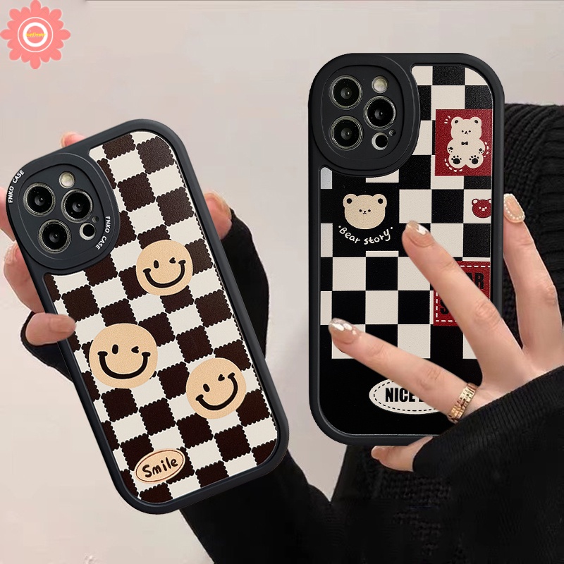 Casing TPU Lembut Kotak-Kotak Mewah Realme C53 C55 10 Pro Plus C30 C31 C35 C12 C15 C25 C25s 8i 6i 9i C21Y C25Y C11 C20 C21 C3 C17 8 5 7i 8pro 5i 6 7 6s 5s Motif Kotak Smiley Beruang Lucu