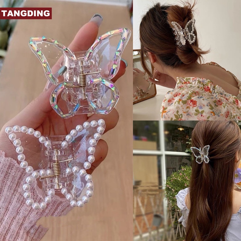 【COD Tangding】Chic Korea Pearl Butterfly Catch Clip Transparent Water Diamond Shark Hair Clip INS Summer Hair Catch