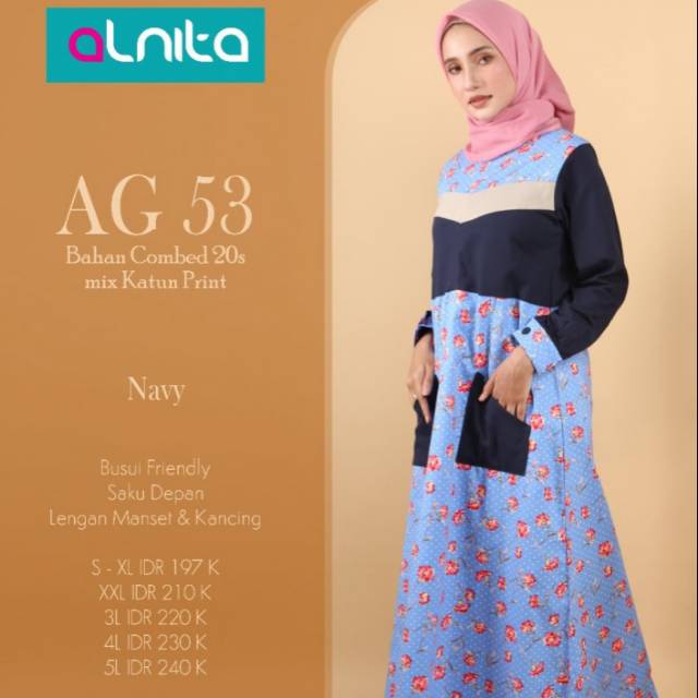 Baju Gamis Dewasa Alnita Model Baru Combed 20s Mix Katun Print Busui Friendly Alnita AG 55
