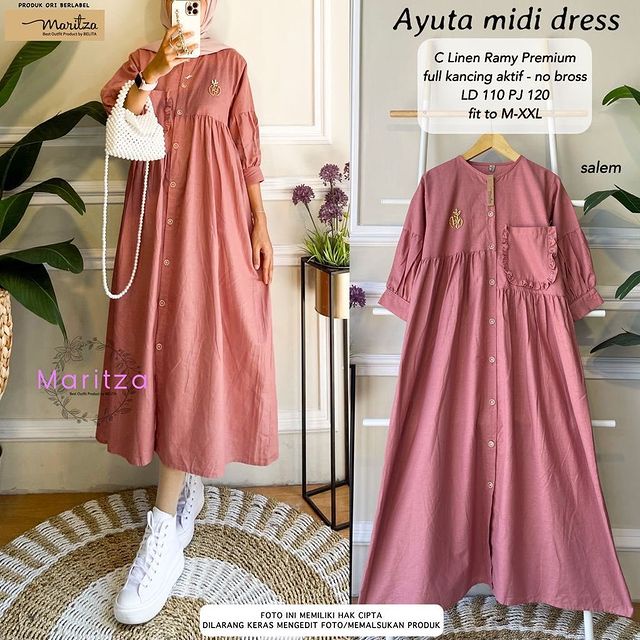 ayuta midi dress wanita dewasa terbaru kekinian_hits milenial // harga promo bahan Linen ramy premium fit to XL (7)