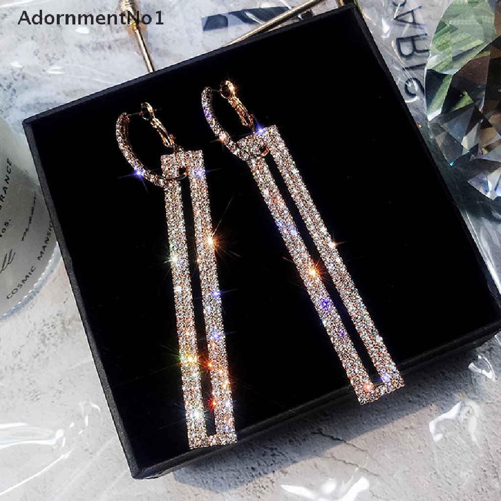 (AdornmentNo1) Anting Gantung Panjang Tusuk Motif Geometri Aksen Berlian Imitasi Untuk Perhiasan Wanita