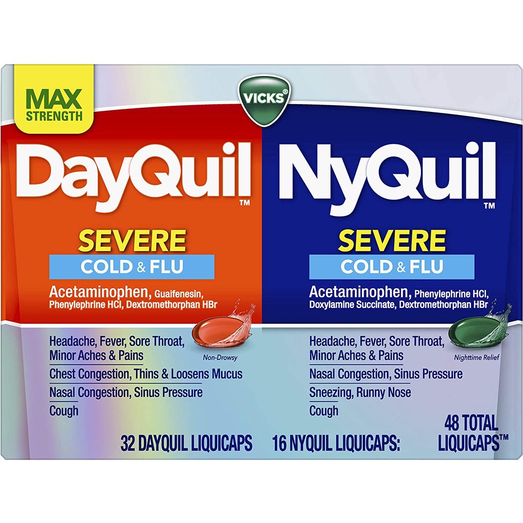 Jual Vicks Dayquil &amp; Nyquil Severe Cough Cold Flu Fever 48 Liquicaps |  Shopee Indonesia