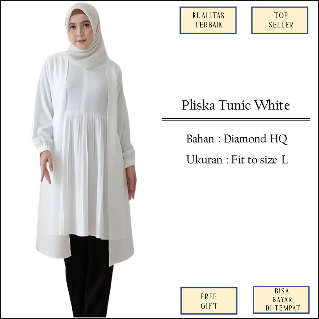 Baju Atasan Muslim Tunik Tunic Putih Tulang Broken White Polos Model Plisket Resleting Busui Size L 