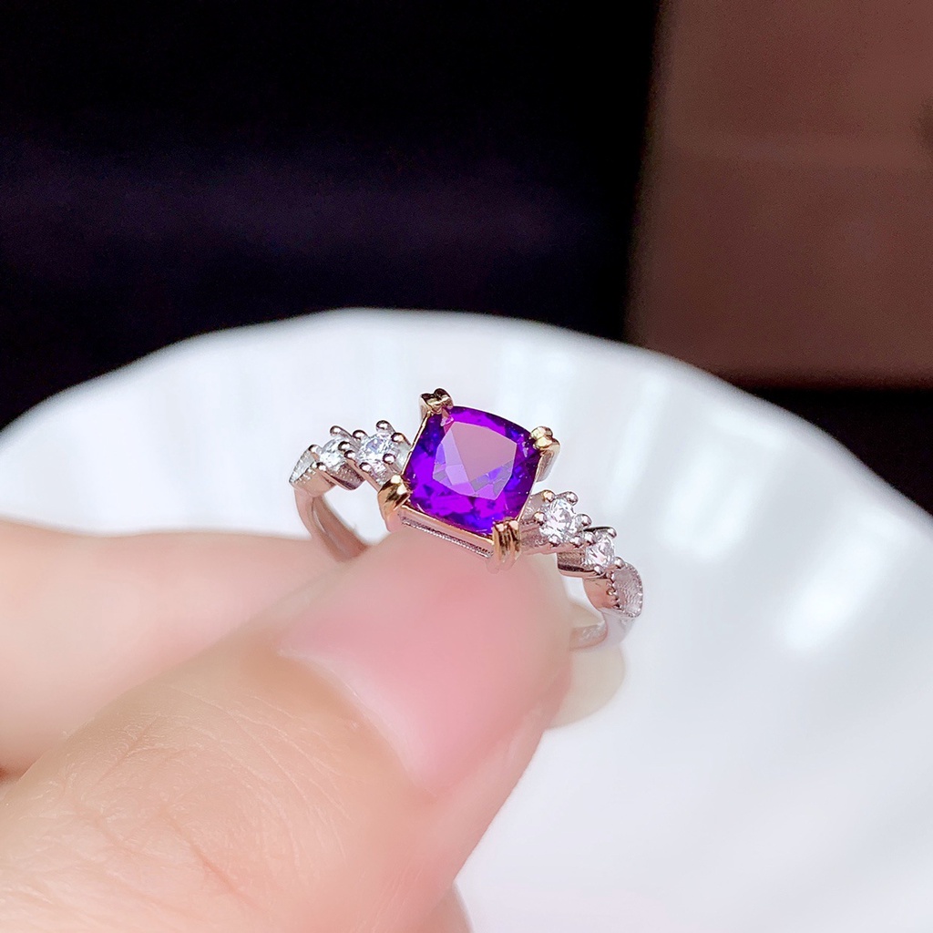 Cincin Wanita Bahan Sterling Silver 925 Hias Kristalberlianamethyst Untuk Pernikahanpertunangan