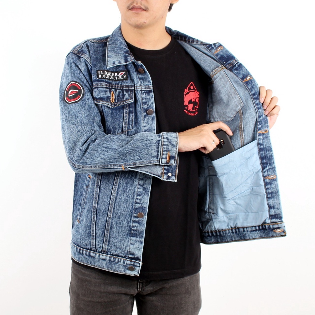 Yulius Store - Jaket Jeans Pria Emblem Terbaru 2022/ Jaket Jeans Cowo Motif Bordir Keren