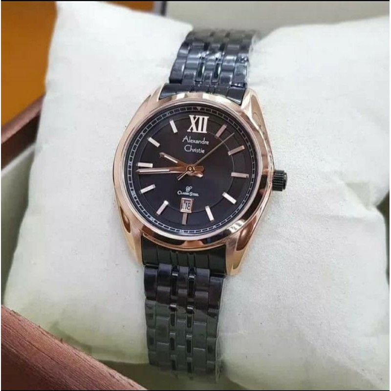 ORIGINAL JAM TANGAN WANITA ALEXANDRE CHRISTIE CEWEK BLACK ROSEGOLD RANTAI ALEXANDER CRISTIE AC 8501