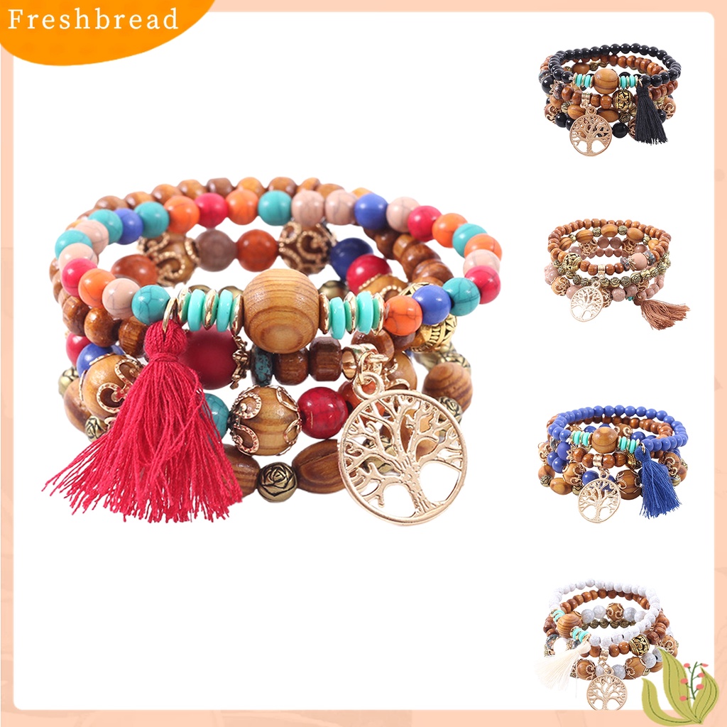 [TERLARIS]4Pcs Unisex Fashion Wooden Beads Tassel Strand Bangle Bracelet Jewelry Gift