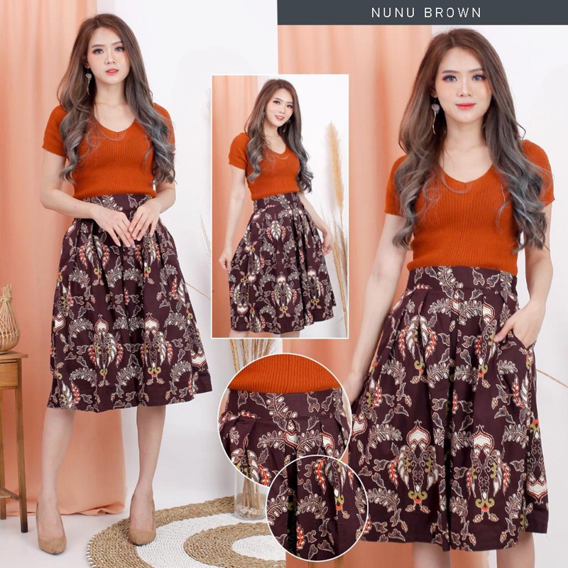 Evercloth Nunu Rok Batik Wanita Selutut Bawahan Batik Perempuan Rok Cewek Batik 3/4 7/8 Rok Panjang